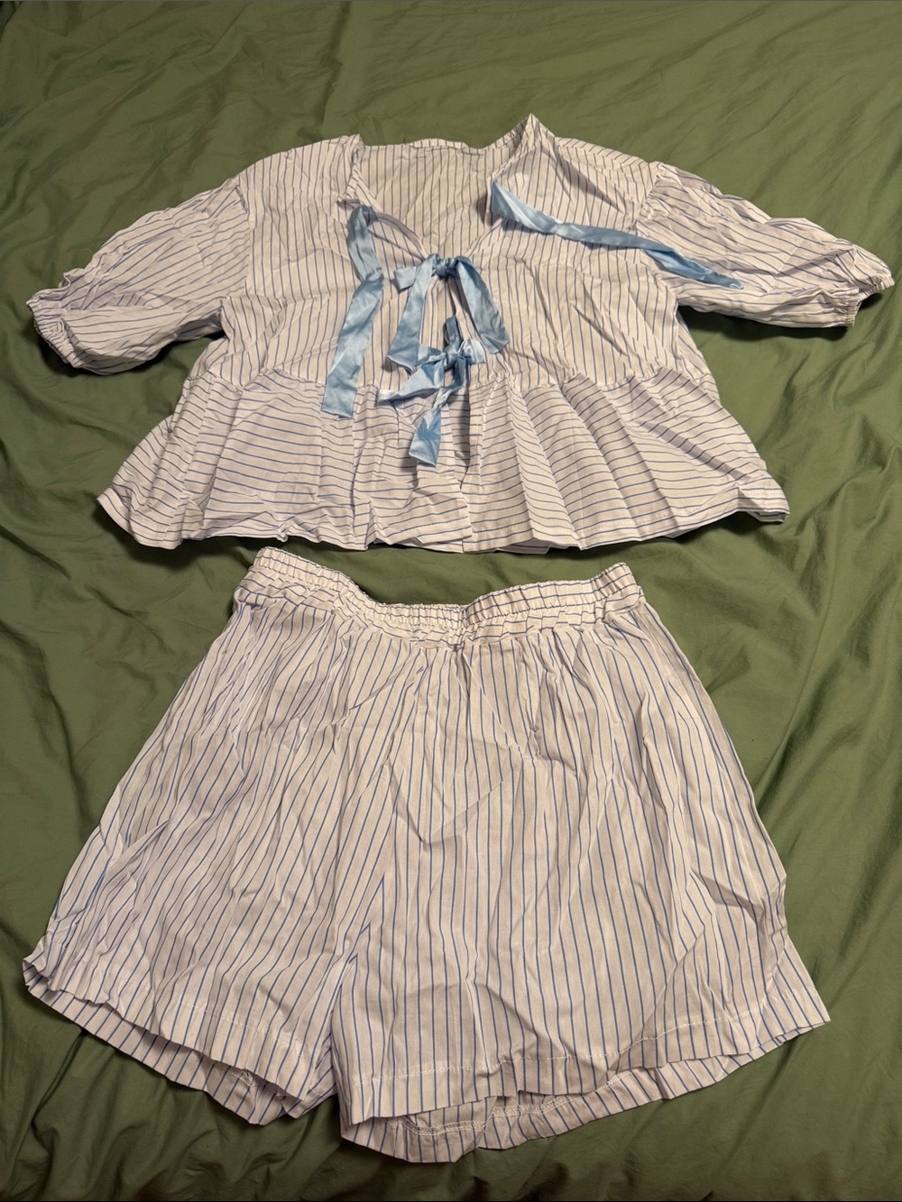 Light Blue Stripe Women’s Matching Set with Top and Shorts